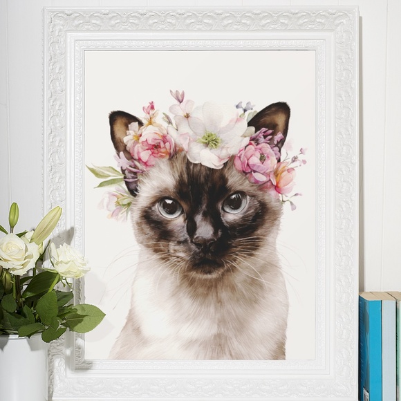 Watercolor Siamese Cat with Flower Crown Wall Art Print Unframed - Picture 6 of 6